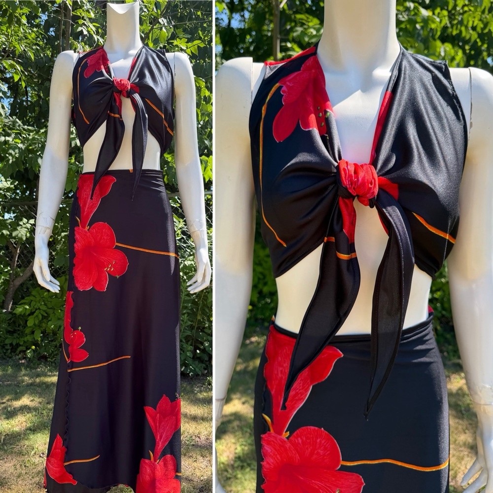 Vintage 1970s WRAP CROP TOP & SKIRT Set Outfit Black Red Disco Resort Bohemian