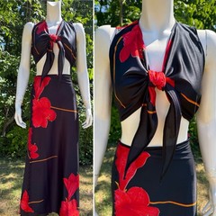 Vintage 1970s WRAP CROP TOP & SKIRT Set Outfit Black Red Disco Resort Bohemian