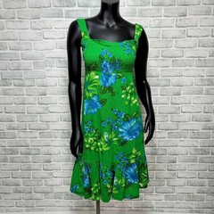 Vintage 90s Hawaiian Tropical Floral Sundress Smocked Green Hibiscus Tiki Pinup