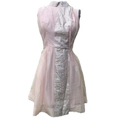 Vtg 80s Pink Silver Floral Empire Layered Taffeta Women’s XS S O USA Short Dress