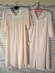 Vintage Lingerie Nightgown Slip Robe Peignoir Set Shadow Line Lace Peach Pink S