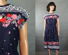 80s Secretary Dress M Blue Pink White Floral Semi Sheer Cap Sleeve Elastic Waist