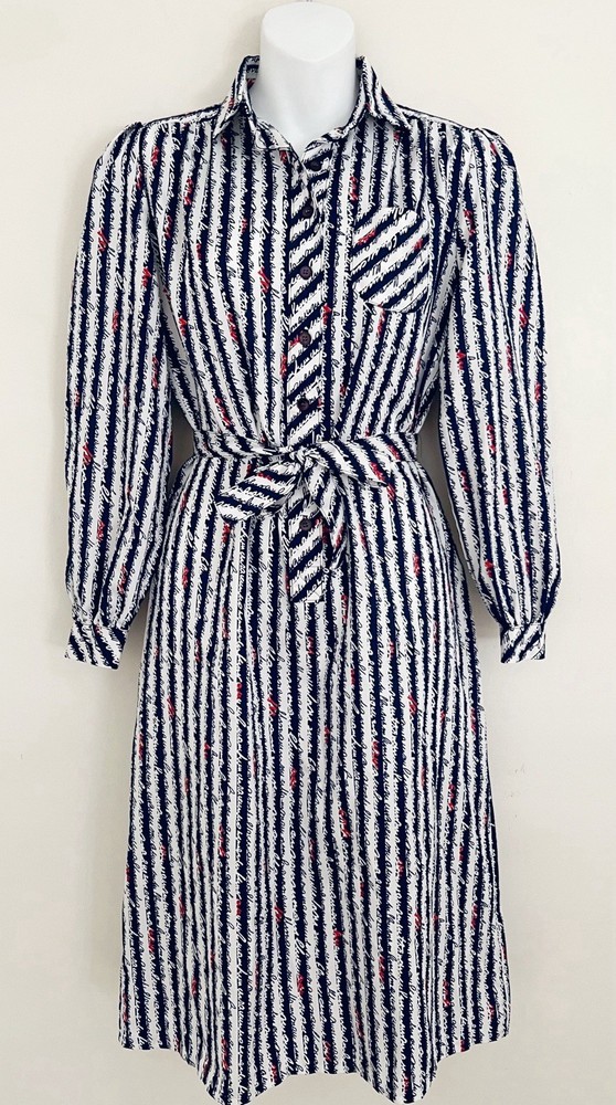 Vintage SCHRADER SPORT Dress 6P Blue Stripe Secretary Office Collar Belt 1970s