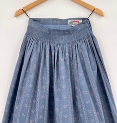 Vintage Alphorn Trachtenmode Skirt SMALL, Blue Cotton, Smock-Waist Velvet-Trim
