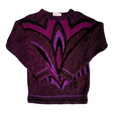 Vintage 80s Womens Geometric Purple Acrylic Wool Sweater Metallic Sz XS Sm