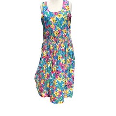 Womens Vintage 80s Floral Maxi Dress Multicolor Smocked Tropical Sand Dollars L