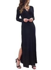 Black Jersey Long Sleeve Lace Up Side Slit Column Dress Vintage Y2K Witchy Sz M