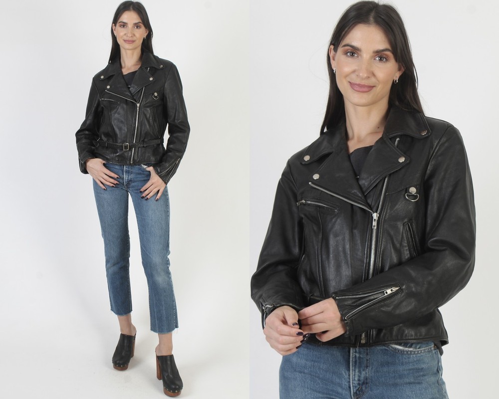 Vtg Womens Black Leather Motorcycle Jacket Belted Asym Zip Biker Moto Waist Coat