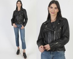 Vtg Womens Black Leather Motorcycle Jacket Belted Asym Zip Biker Moto Waist Coat