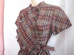 Vintage 50s 60s Plaid Cotton Tie Neck Dress w/ Ruffled Lappets & Belt SMALL