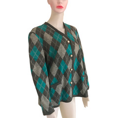 Vintage 1960s Gray Argyle Sweater With Antique Buttons Front Pockets Sz L