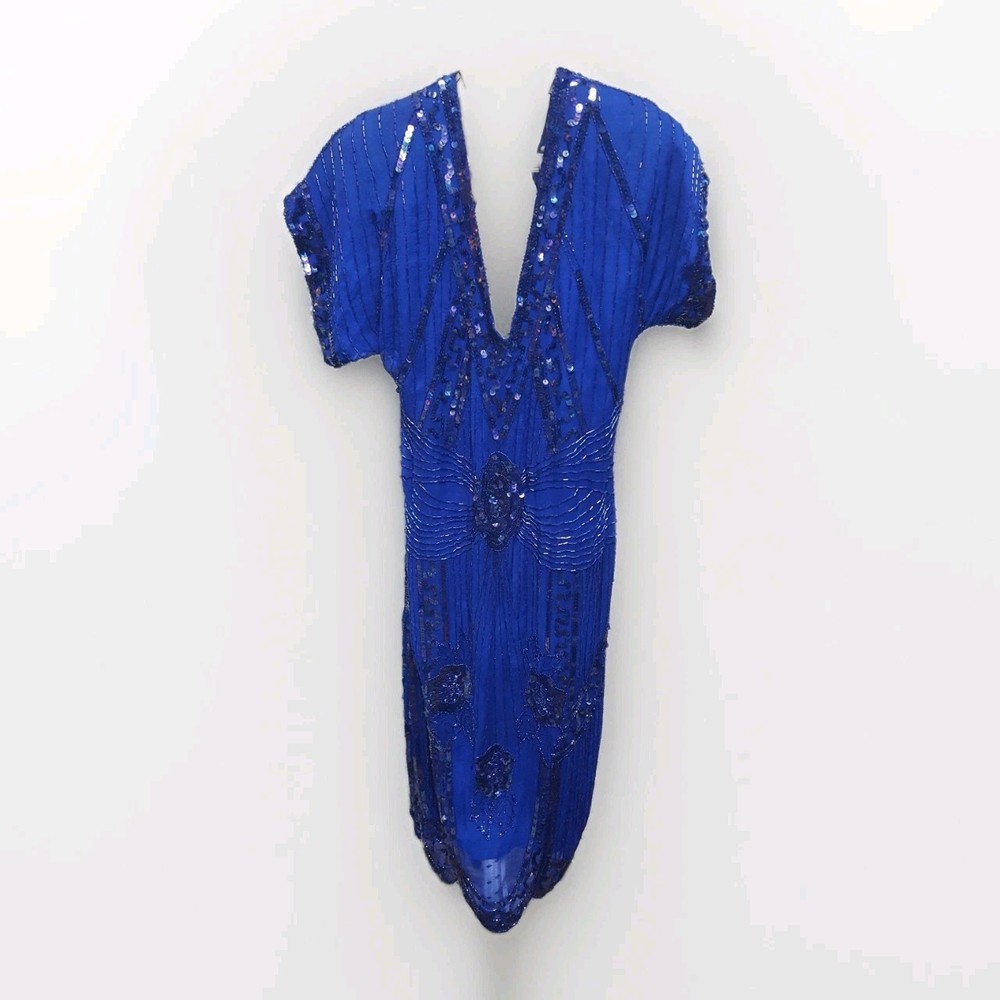 VTG Swee Lo Silk Bead Sequin Blue 100% Silk Cocktail Evening Dress Medium 80s