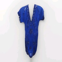 VTG Swee Lo Silk Bead Sequin Blue 100% Silk Cocktail Evening Dress Medium 80s