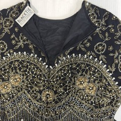 VTG Oleg Cassini Black Tie 100%Silk Beaded Cocktail Dress 10 Pearl Fringe Gatsby