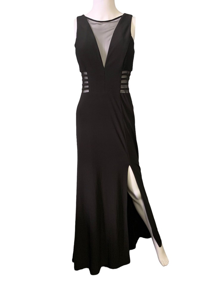 VTG 90s y2k Maxi Dress Gown Night Way Evening Formal Mesh Slit Lrg Black