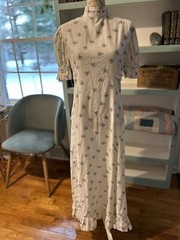 Vintage 1970s Hippy Floral Maxi Day Dress Handmade Cotton Long Boho Lace Detail