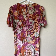 Vtg 70s MCM Boho Goddess Floral Stretch Velvet Pink Purple Maxi Dress Medium