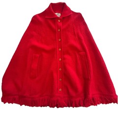 60s MCM Red Granny Cape Poncho Fringe Sweater Cardigan Orlon Acrylic sweeTree