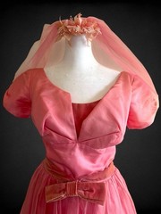 Vintage 1950’s Pink Satin Tulle Velvet Formal Prom Dress With Veil Belt XS