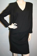 Sz S Vtg 80s Dress YOLANDA LORENTE Wool Crepe Blouson Drop Waist Cocktail Party