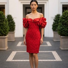 Vintage 80s Zum Zum Red Damask Brocade Off Shoulder Ruffle Sleeve Dress 11/12