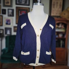 Jaeger Cardigan Navy Blue Vintage 80s Wool Gold Button Preppy British Sweater S
