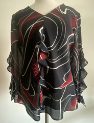 VTG Secret Navy Red Swirl Sheer Blouse – Bell Frill Ruffle Sleeve – L – USA