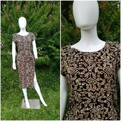 Vintage 90s Jessica Howard Rayon Tribal Print Midi Fitted wiggle Dress W26-27″