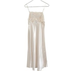 Sara Beth Vintage Cream Satin Nightgown Lace Floral Embroidery Pearl Accent 36