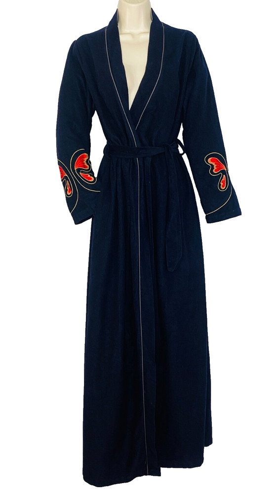 Vintage 1970s long black robe embroidered red butterfly wrap sleeve velvet dress