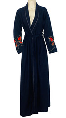 Vintage 1970s long black robe embroidered red butterfly wrap sleeve velvet dress