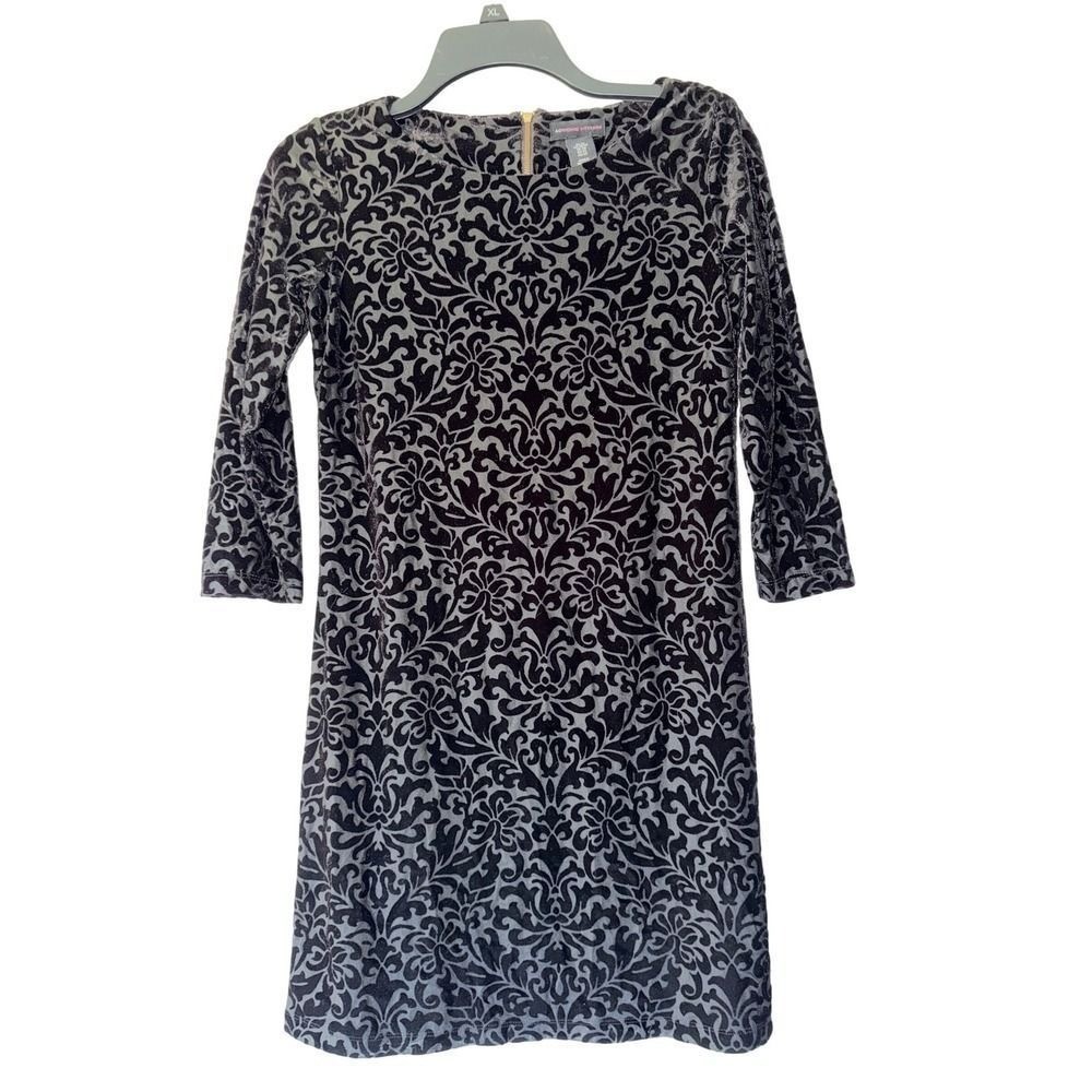 Adrienne Vittadini Vintage Black Silver Velvet Damask Shift Dress XS