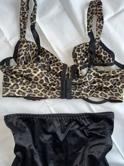 Vtg Bra Delicates UW Leopard 36D & Black Vanity Fair Second Skin Satin Brief 7 L