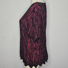 Stenay Petite Vintage Beaded Sequin Silk Blouse Burgundy Black Scalloped PL