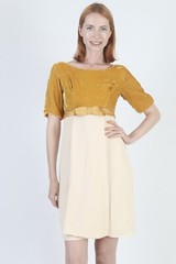 Vtg Retro 50s Gold Velvet Mini Dress Belted High Waist Atomic Rockabilly Pin Up