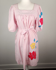 Vintage 80s Sundress MuMu House Dress Flower Applique Pink White Stripe [STAIN]