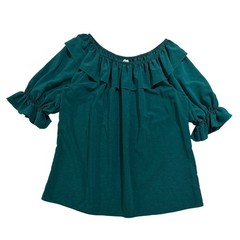 Vintage Malco Modes Teal Peasant Blouse Off Shoulder Ruffle Top USA L