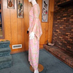 Vtg 70s Angel Sleeve Hippie Goddess Pink Sheer Voile Hostess Maxi Dress Gown S