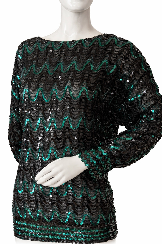 Vintage Givenchy Sequin Top 80s Black Green Statement Blouse