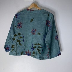 vintage carol anderson Blue Green Painted Floral Linen Single Button Top Artsy M