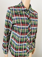 VTG 70s JC Penney Fashions Button Up Poly Tartan Plaid Shirt Top Wide Lapel M**