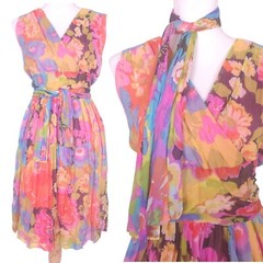Suzy Perette Floral Tea Dress Ladies 14 Retro Scarf Silk Rare Pinup 60s Vintage