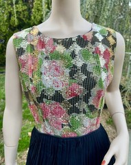 VINTAGE 1950’s 60’s BLACK DRESS W/ MULTI-COLOR METALLIC BODICE & CHIFFON SKIRT