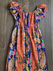 Mid Century Boho Maxi Dress – Orange Paisley Floral Print – 1960s Cracker Jax