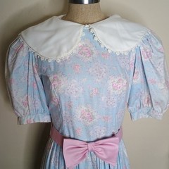 Vtg Lanz Originals 80s Dress Sz 8 Blue Pink Floral Cottagecore Belt Pockets READ