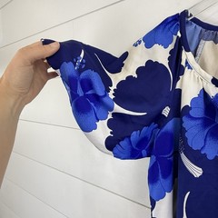 VINTAGE 70s Hilo Hattie Maxi Dress Women M Blue Hibiscus MUUMUU Hawaiian Aloha