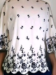 VTG 60s Embroidered Black White Crisp Cotton Blouse w Bell Cuff Frilly Sleeves M