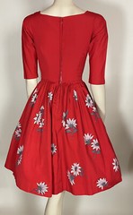 1950s Vintage Red Cotton White Painted Flower Fit Top Full Skirt Dress XS Jr