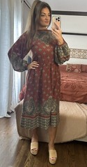 Vintage 70’s Peasant Balloon Sleeve Brown Midi Dress Pockets Size Medium