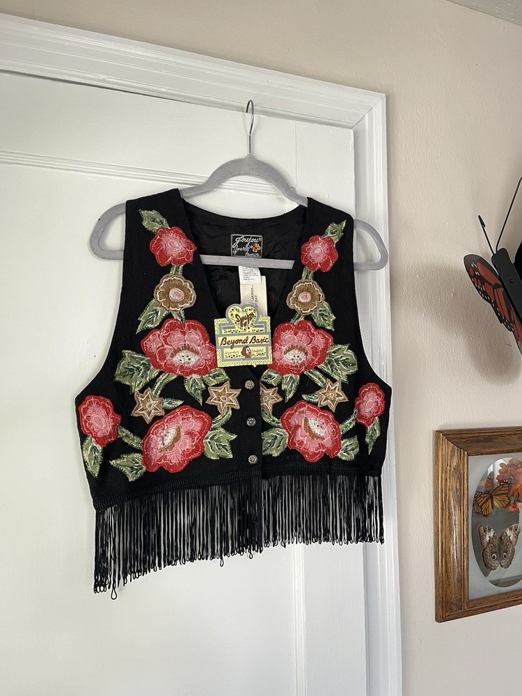 Vintage 1990s Jou Jou New Old Stock Western Fringe Floral Women’s Vest